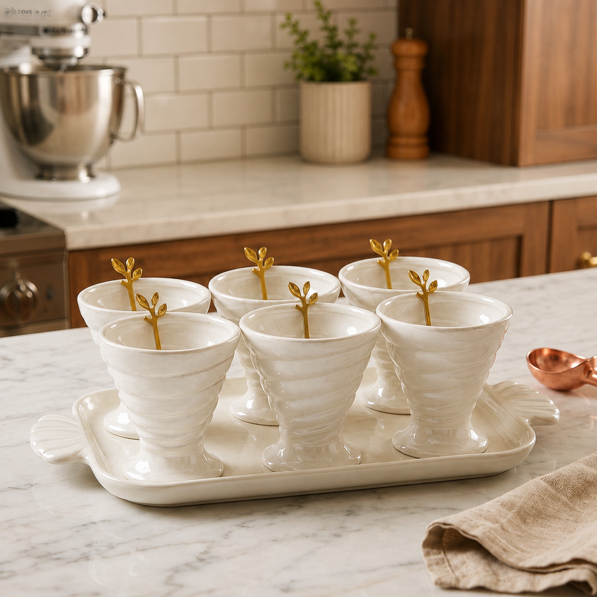 Ceramic Ice Cream Set with Tray and Spoons
