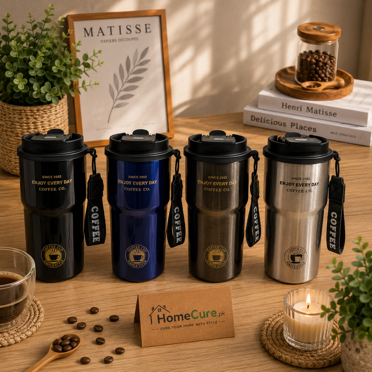 Stainless Steel Coffee Travel Mug with Strap & Secure Lid