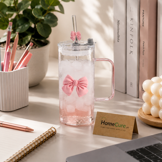 450ml Pink Bow Glass Cup with Handle & Straw – Cute Aesthetic Drinking Tumbler