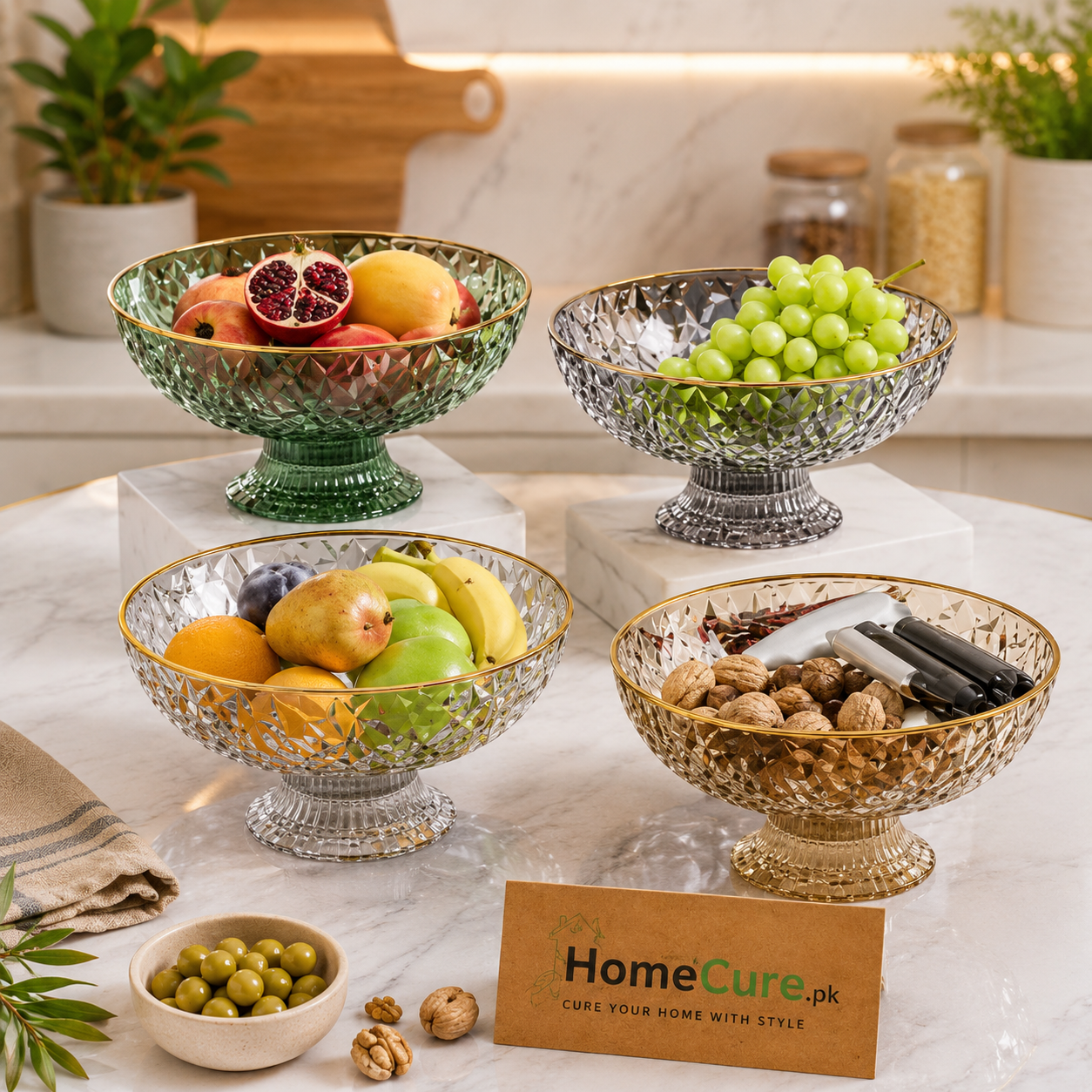 Luxury Acrylic Crystal Fruit Bowl with Gold Rim & Pedestal | Multi-Purpose Serving Bowl