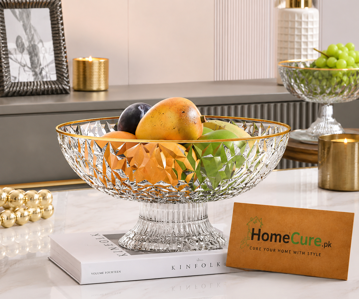 Luxury Acrylic Crystal Fruit Bowl with Gold Rim & Pedestal | Multi-Purpose Serving Bowl