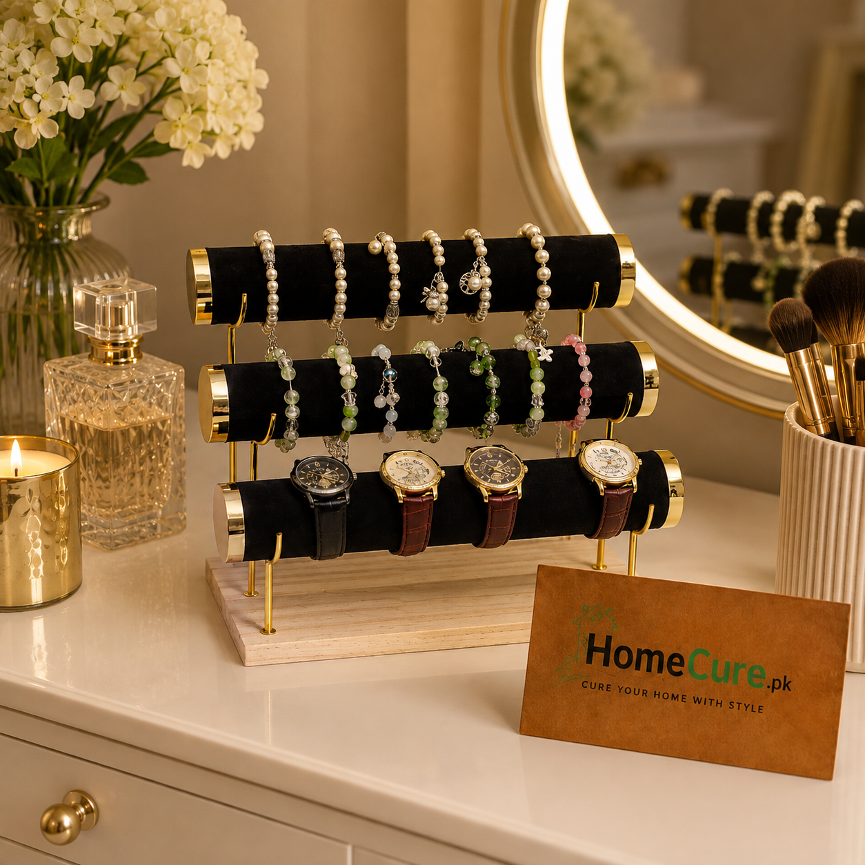 3-Tier Velvet Jewelry & Watch Organizer Stand | Bracelet, Necklace & Watch Display Holder with Wooden Base