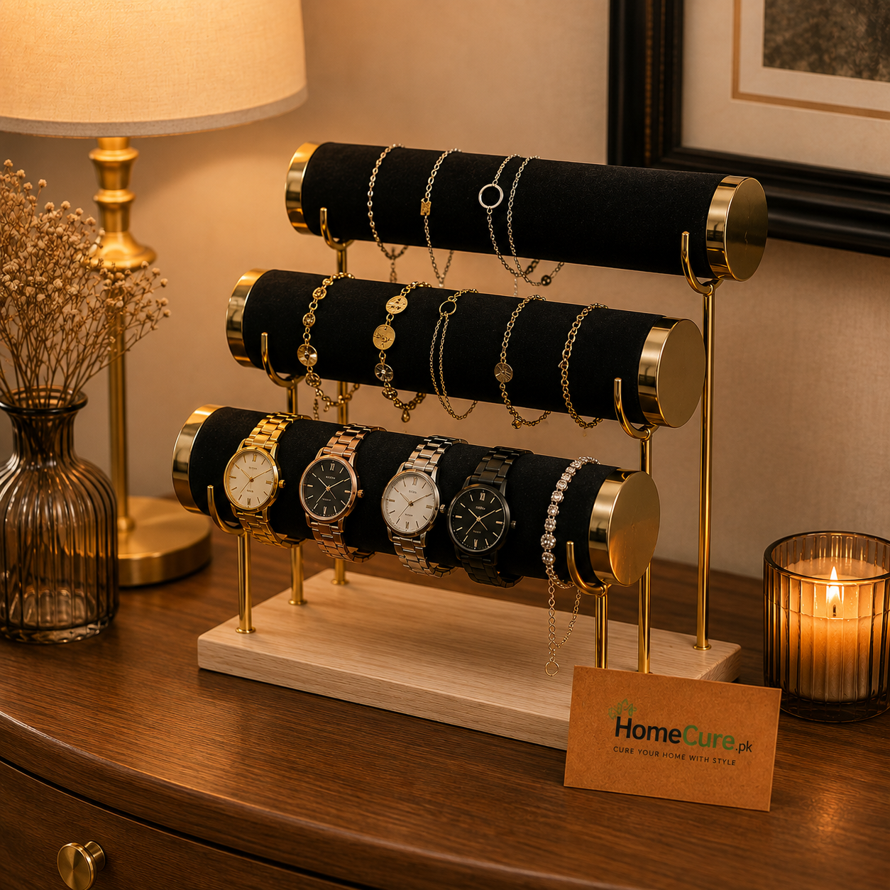 3-Tier Velvet Jewelry & Watch Organizer Stand | Bracelet, Necklace & Watch Display Holder with Wooden Base