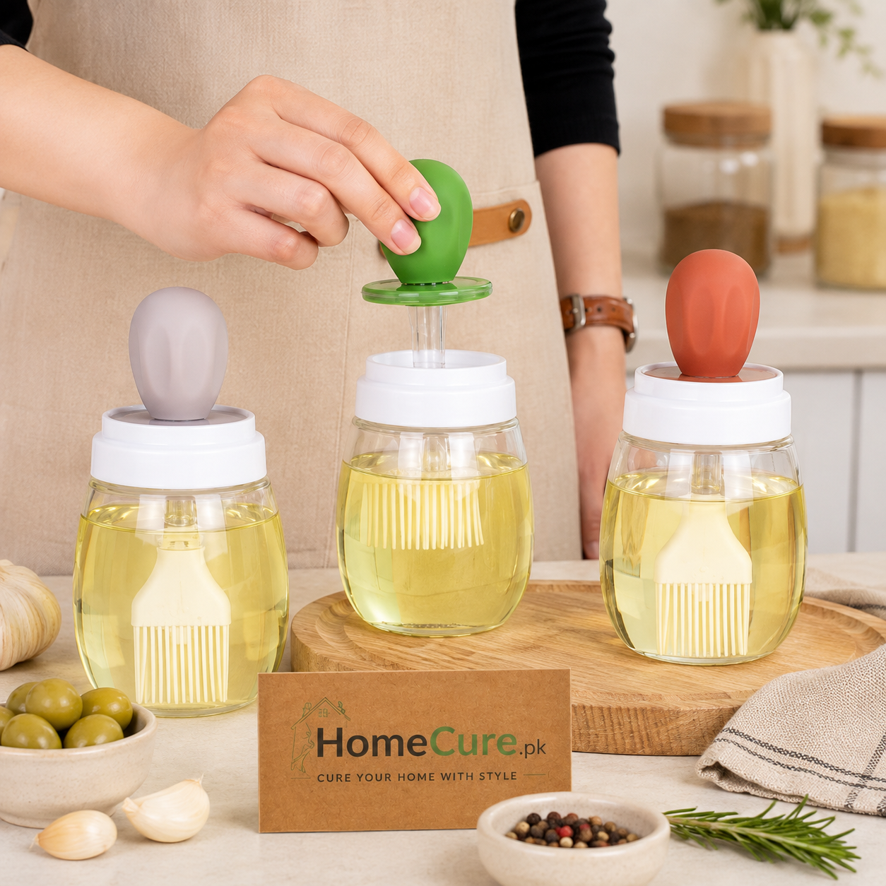 2-in-1 Oil Dispenser Bottle with Silicone Basting Brush | Leakproof Glass Oil Bottle for Kitchen
