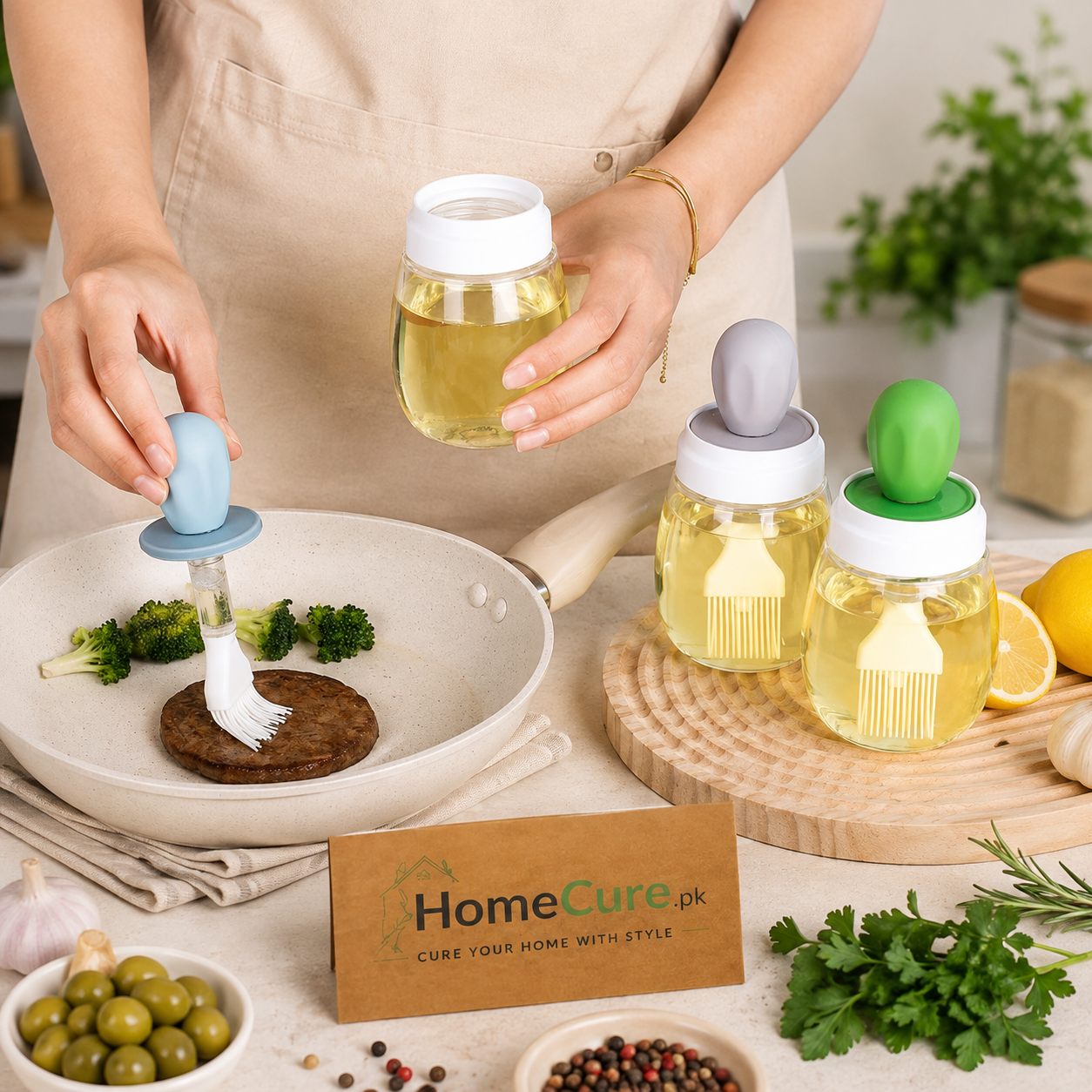 2-in-1 Oil Dispenser Bottle with Silicone Basting Brush | Leakproof Glass Oil Bottle for Kitchen