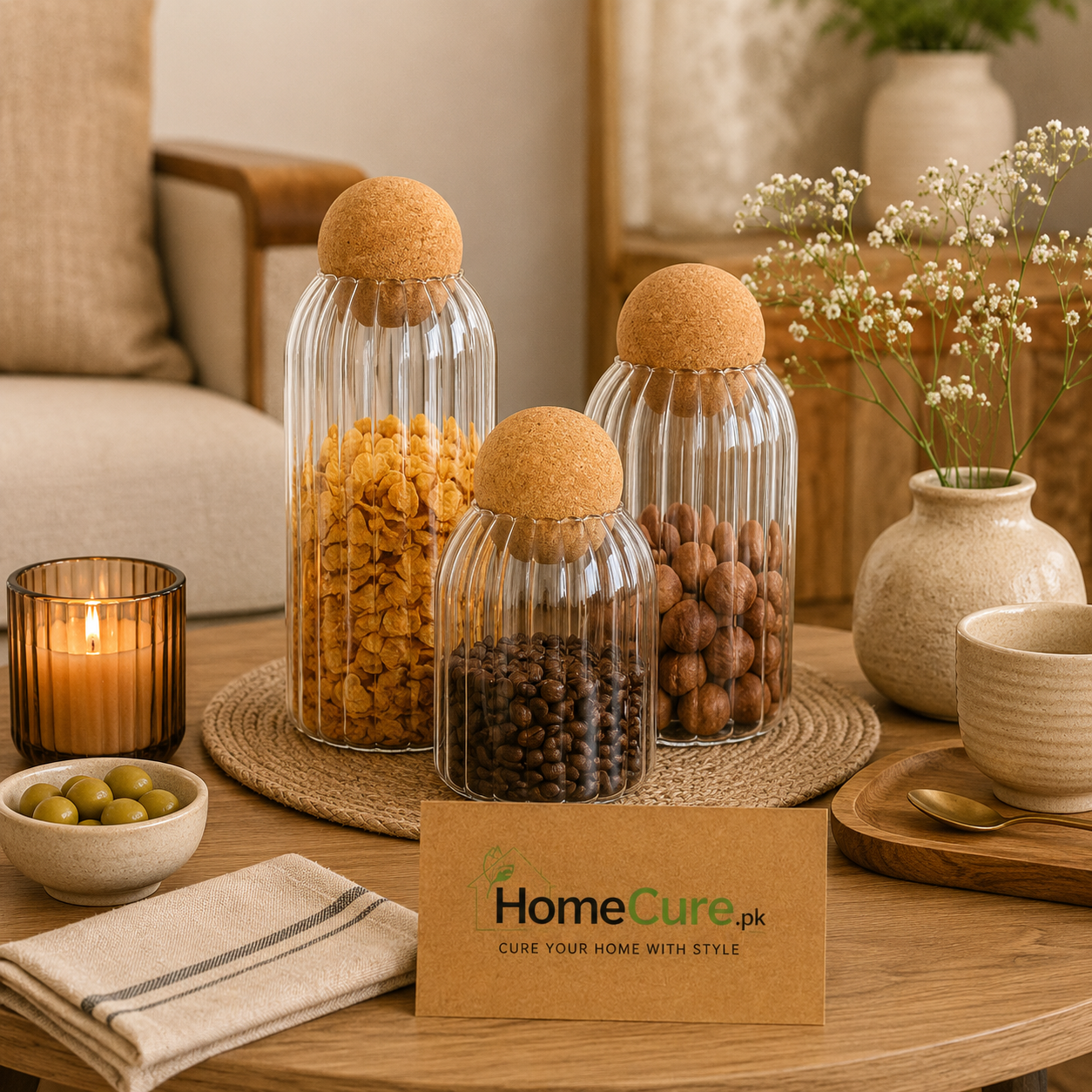Ribbed Glass Storage Jar with Cork Lid | Airtight Kitchen Storage Container