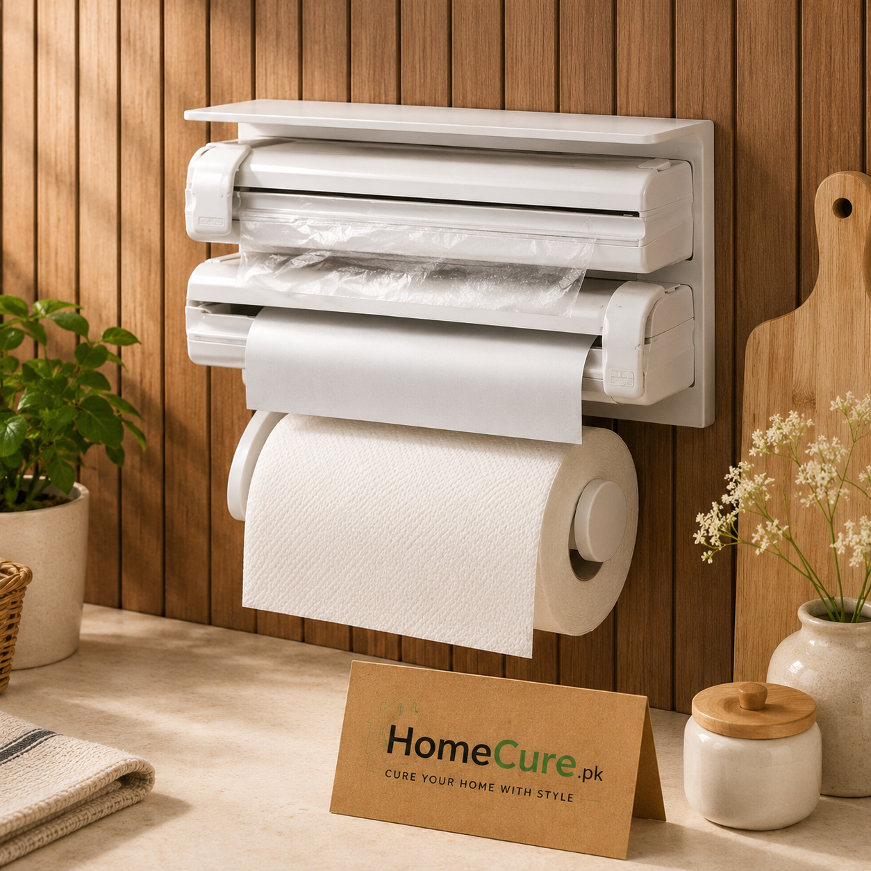 3-in-1 Wall Mounted Kitchen Wrap Dispenser & Paper Towel Holder | Foil, Cling Film & Tissue Organizer