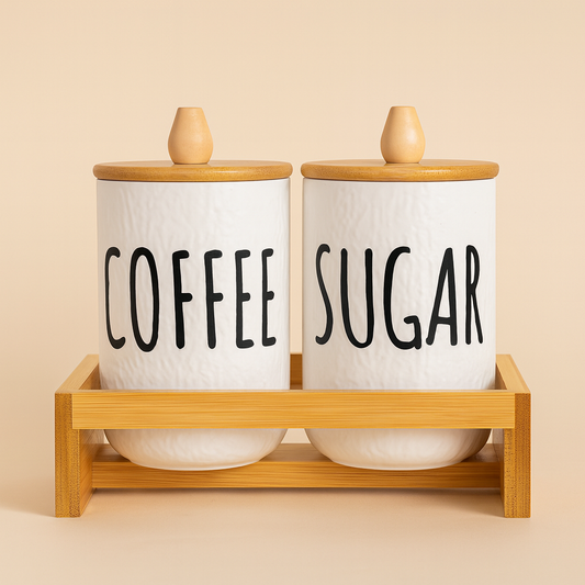 Modern Ceramic Jar Set – Coffee & Sugar Containers with Bamboo Tray