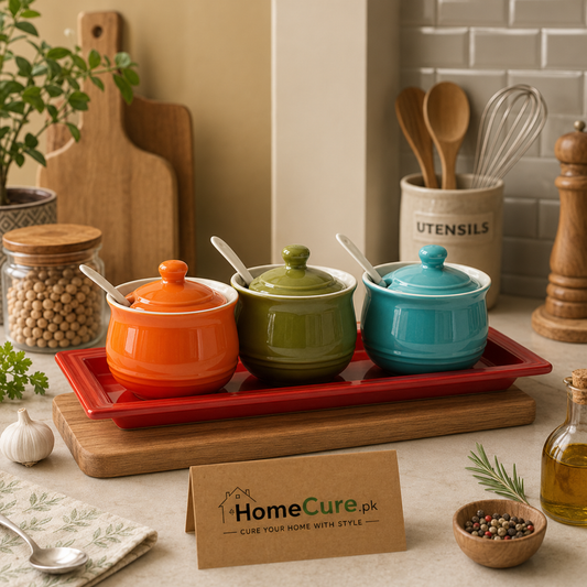 Le Creuset Set of 3 Stoneware Condiment Pots with Tray & Spoons