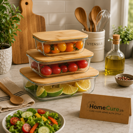 3-Piece Glass Food Storage Container Set with Bamboo Lids | Airtight Kitchen Storage Boxes