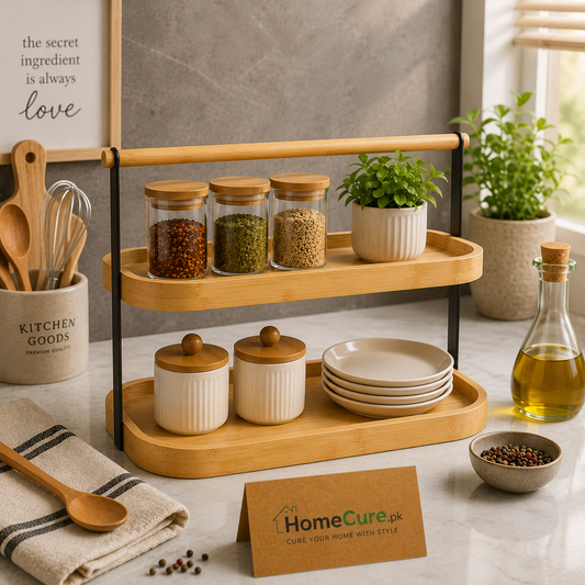 2-Tier Bamboo Kitchen Counter Organizer Rack | Countertop Storage Shelf