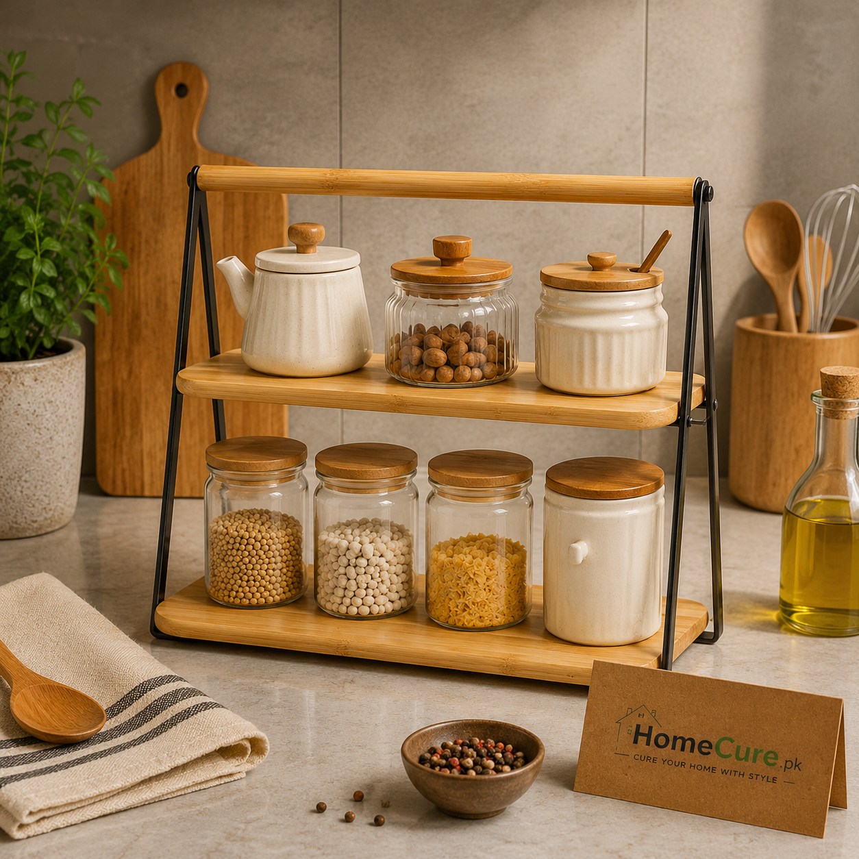 2-Tier Bamboo Kitchen Counter Organizer Rack | Countertop Storage Shelf