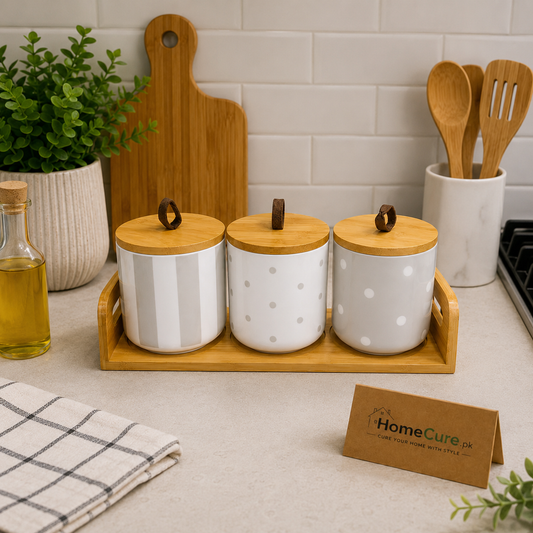 3-Piece Ceramic Kitchen Storage Jar Set with Bamboo Tray & Wooden Lids
