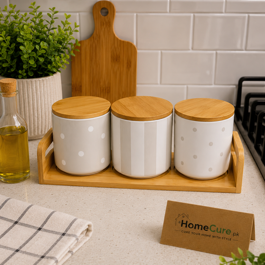 3-Piece Ceramic Kitchen Storage Jar Set with Bamboo Tray & Wooden Lids