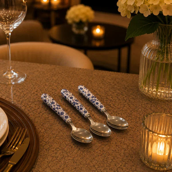 Danny Home Blue Flower Dessert Spoon Set – 3 Pieces (16 cm)