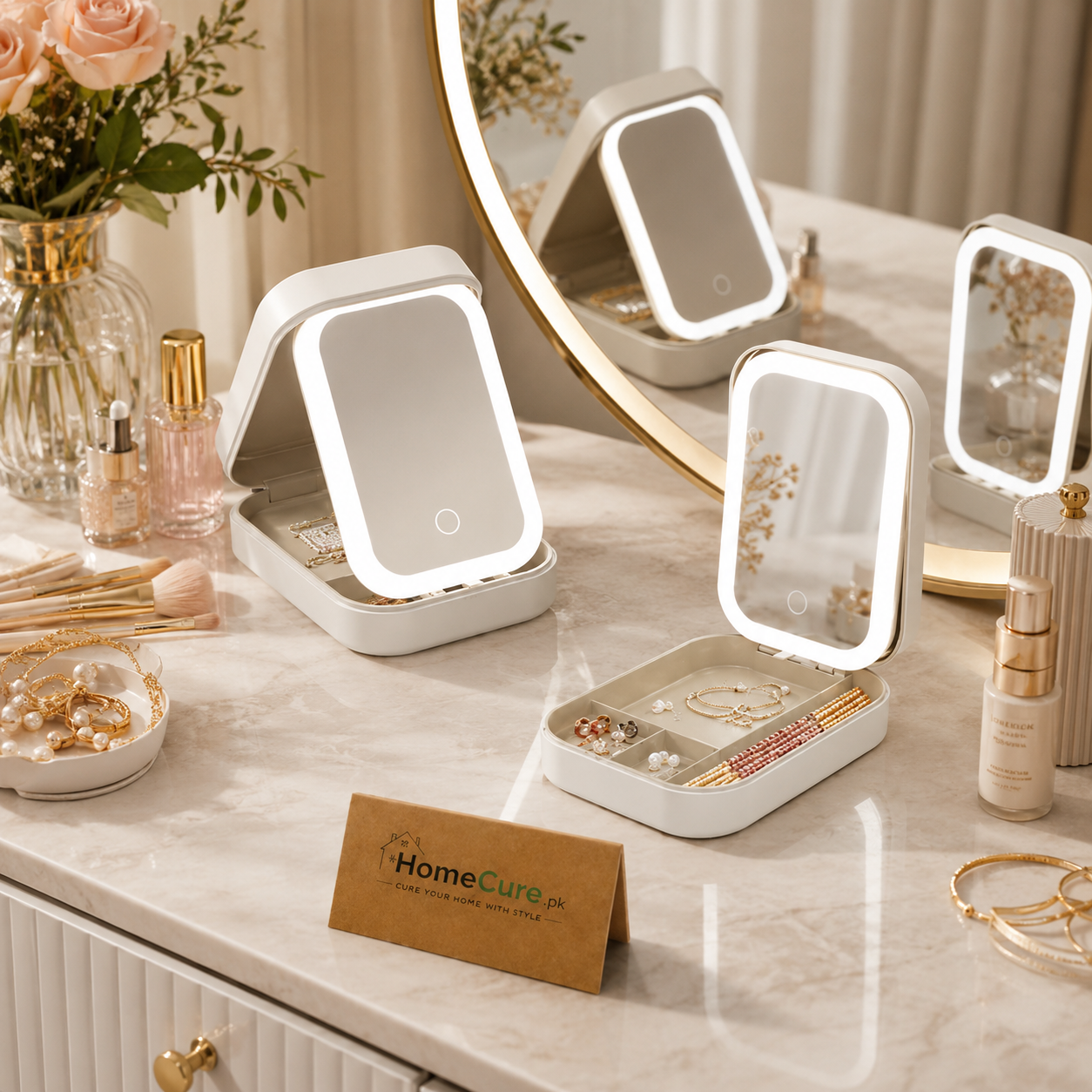 LED Makeup Mirror Jewelry Organizer Box – Portable Cosmetic Storage Case with Touch Light