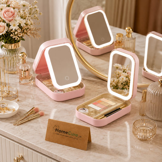 LED Makeup Mirror Jewelry Organizer Box – Portable Cosmetic Storage Case with Touch Light