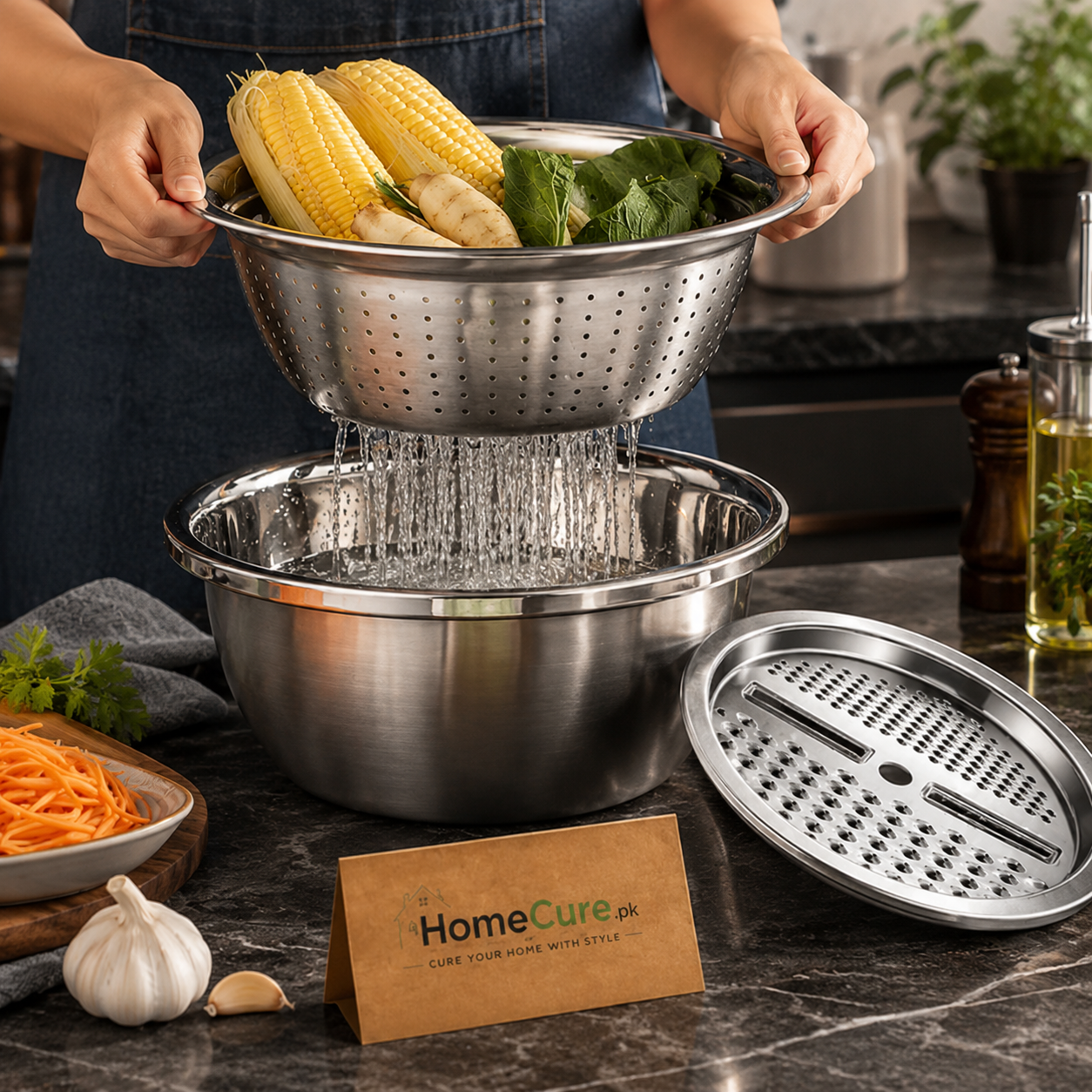 3-in-1 Stainless Steel Grater Bowl Set with Colander