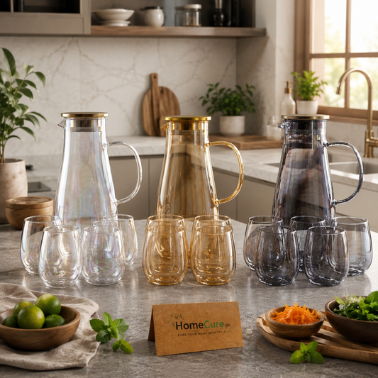Premium Heat Resistant Glass Water Jug with 6 Glasses Set | 1.8L Cold & Hot Beverage Pitcher