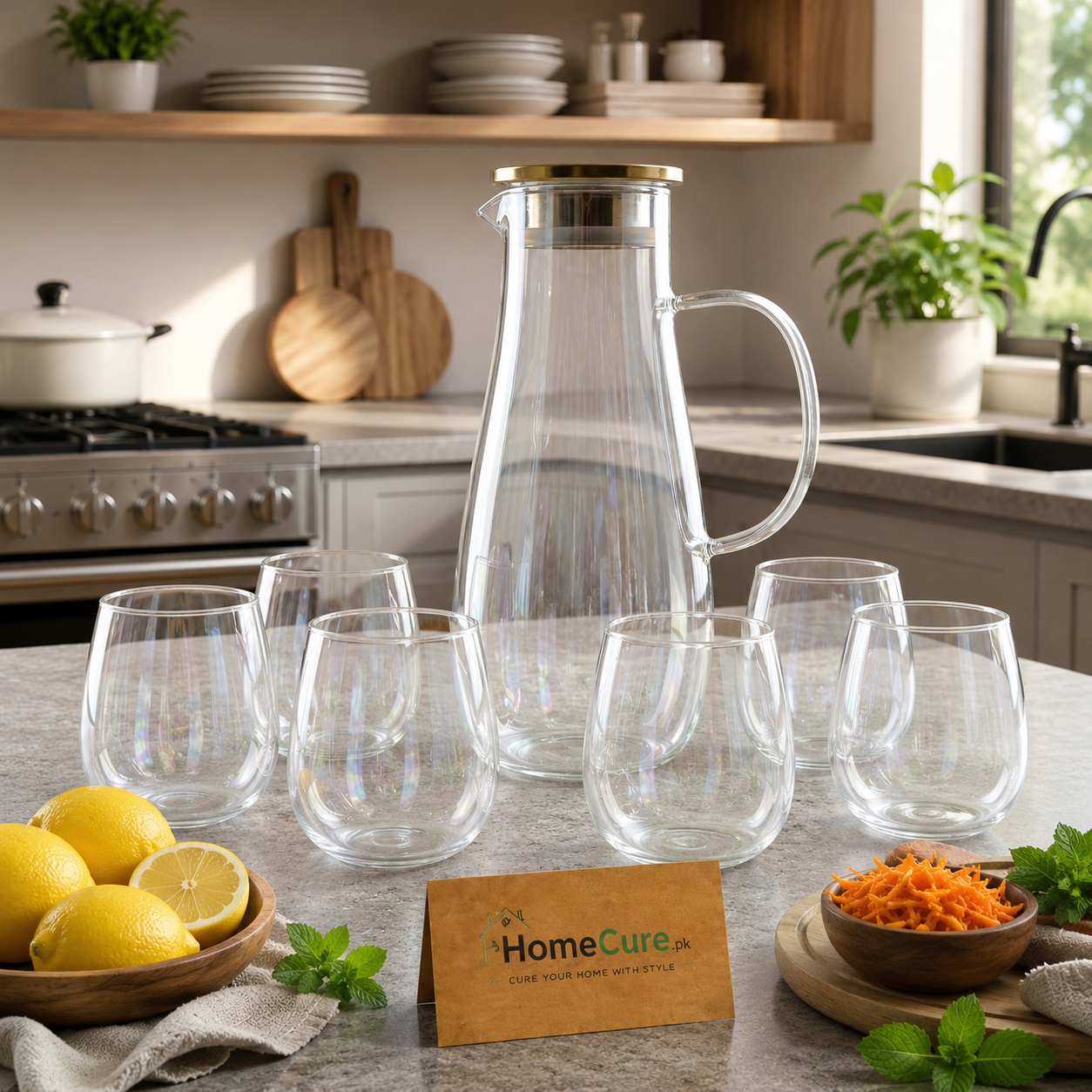 Premium Heat Resistant Glass Water Jug with 6 Glasses Set | 1.8L Cold & Hot Beverage Pitcher