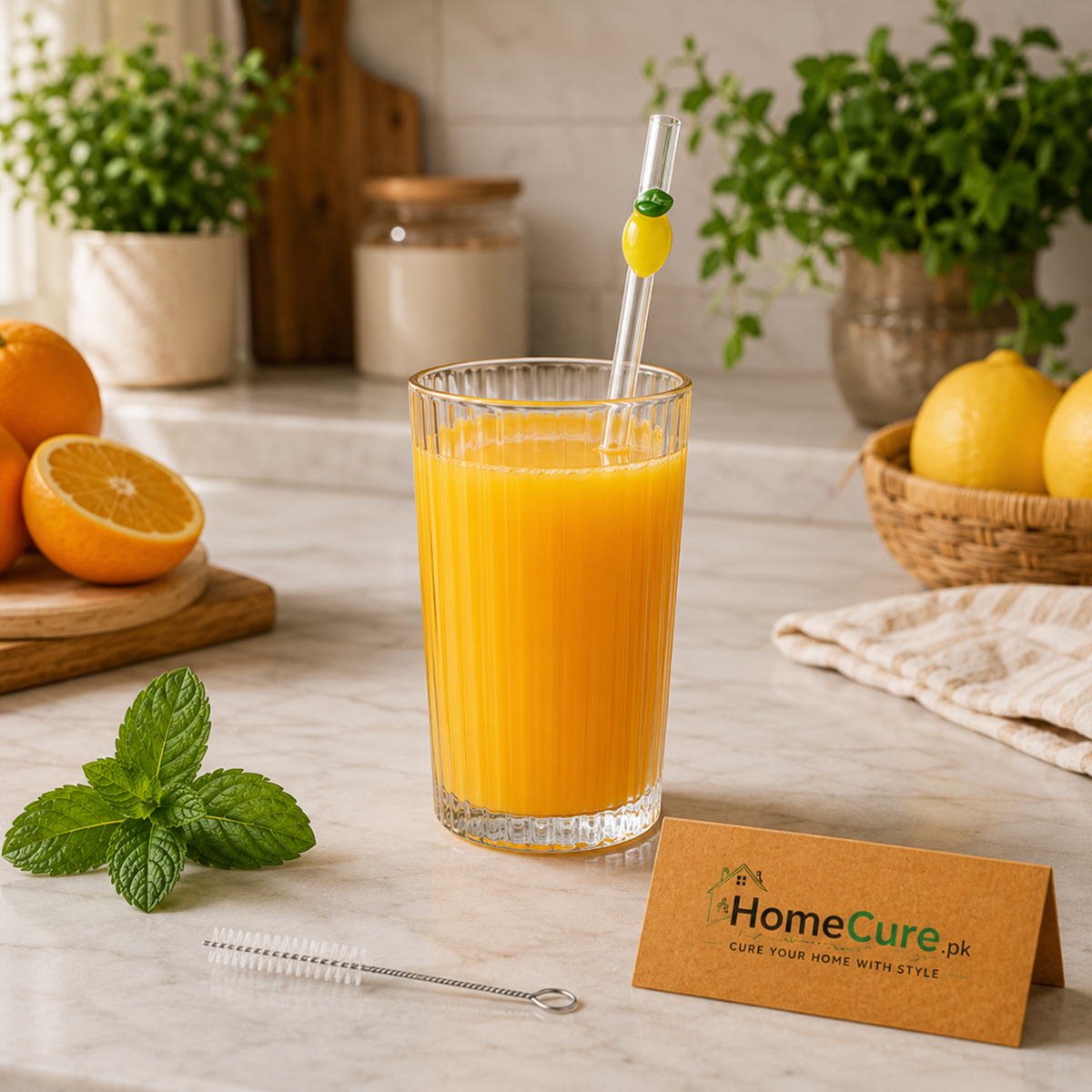 Danny Home Reusable Lemon Glass Straw Set with Cleaning Brush – 5 Pcs