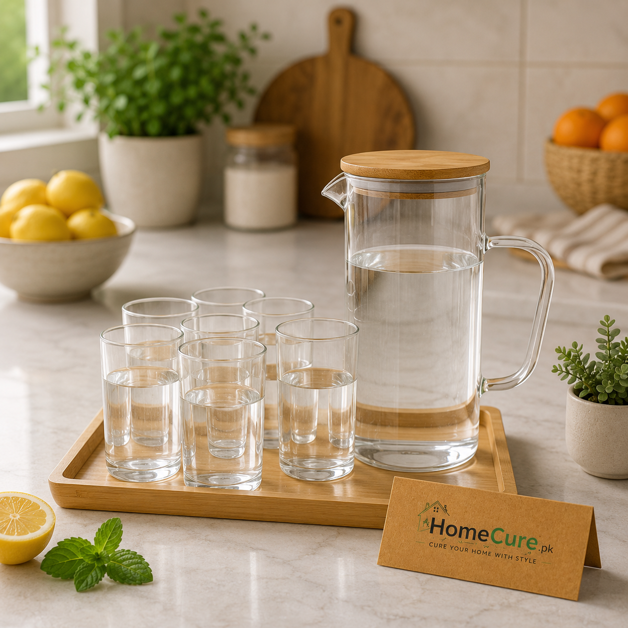 Borosilicate Glass Water Pitcher Set – 6 Glasses with Bamboo Serving Tray