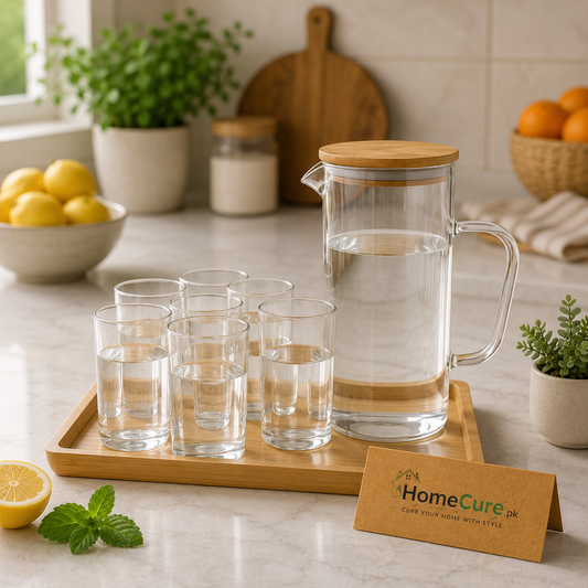 Borosilicate Glass Water Pitcher Set – 6 Glasses with Bamboo Serving Tray
