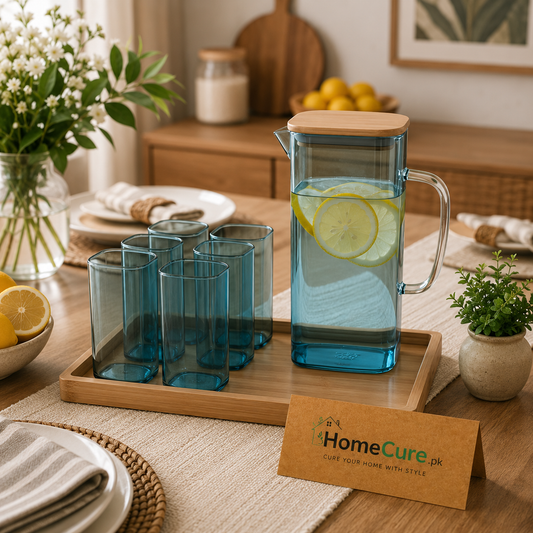 Premium 7-Piece Square Glass Water Jug & Tumbler Set with Bamboo Lid – 1.8L