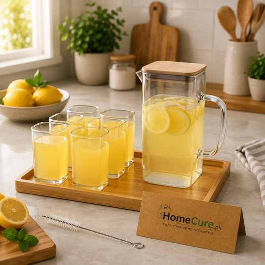 Premium 7-Piece Square Glass Water Jug & Tumbler Set with Bamboo Lid – 1.8L