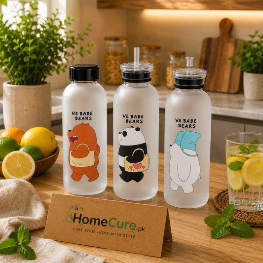 We Bare Bears Frosted Plastic Water Bottle with Double Cap & Straw | Leakproof Reusable Bottle