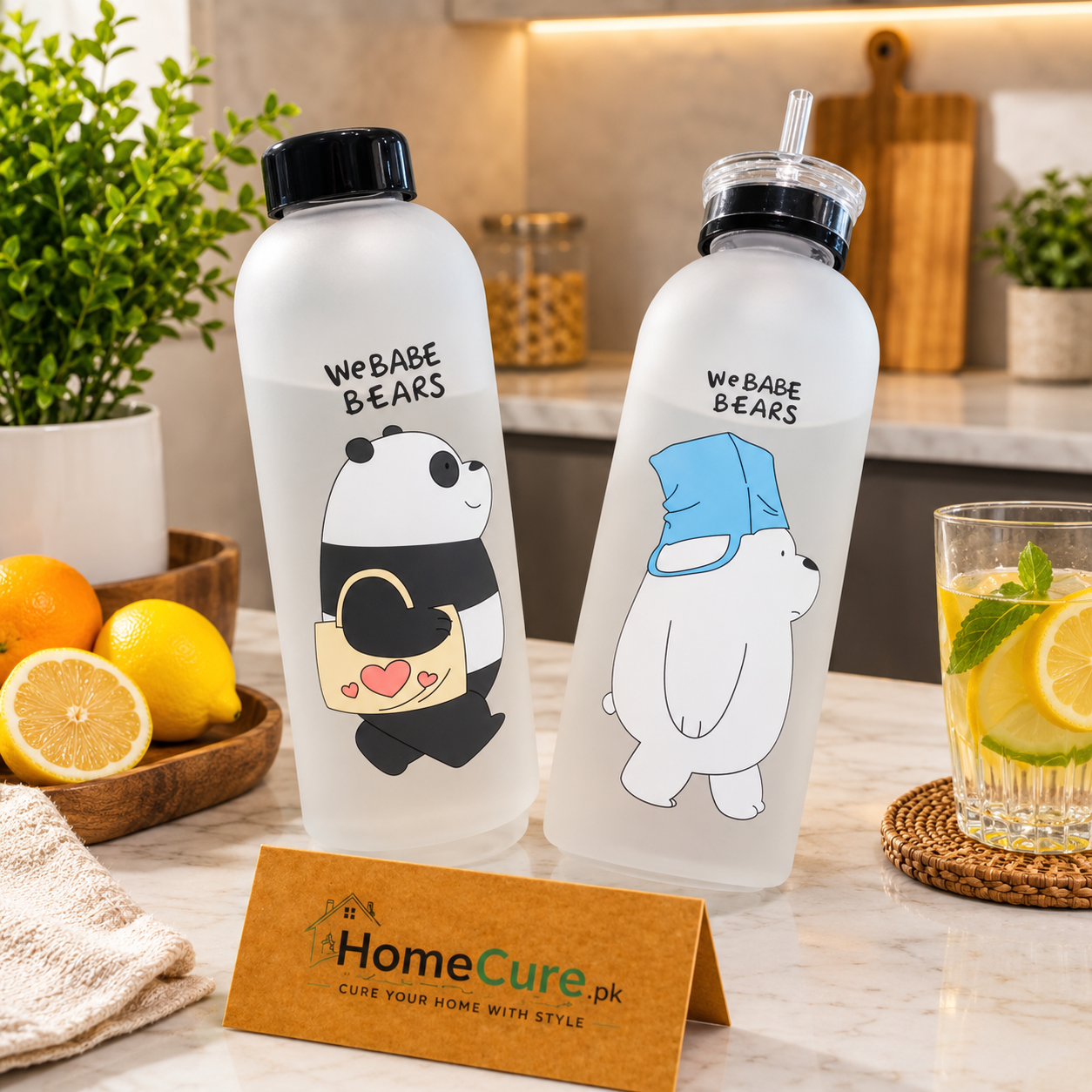 We Bare Bears Frosted Plastic Water Bottle with Double Cap & Straw | Leakproof Reusable Bottle