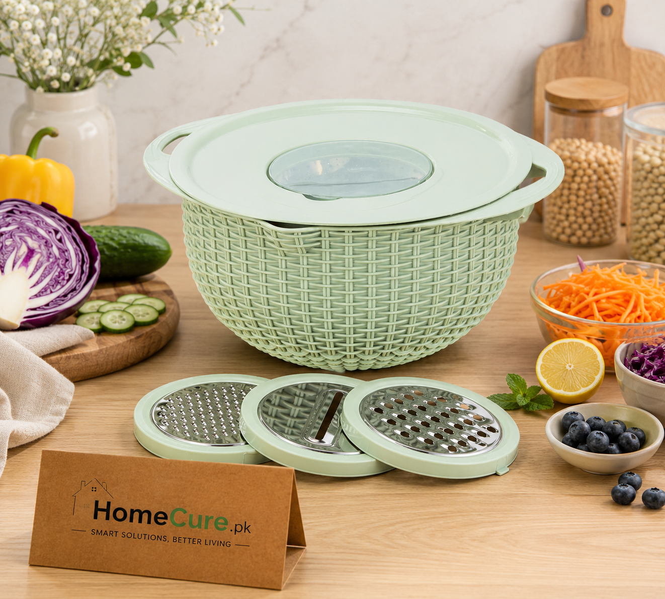 Multifunction Vegetable Grater Bowl with Stainless Steel Colander & Mixing Lid