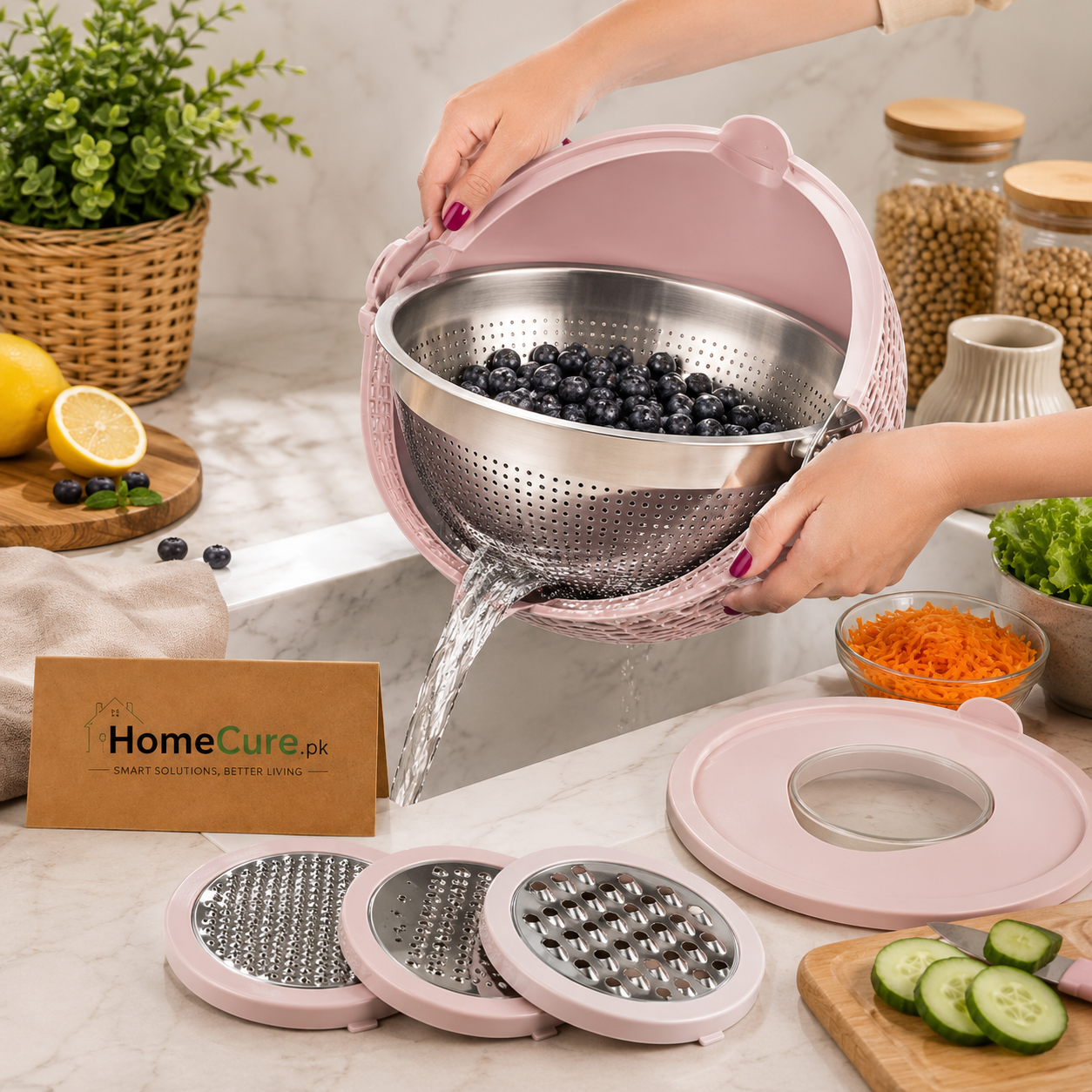Multifunction Vegetable Grater Bowl with Stainless Steel Colander & Mixing Lid
