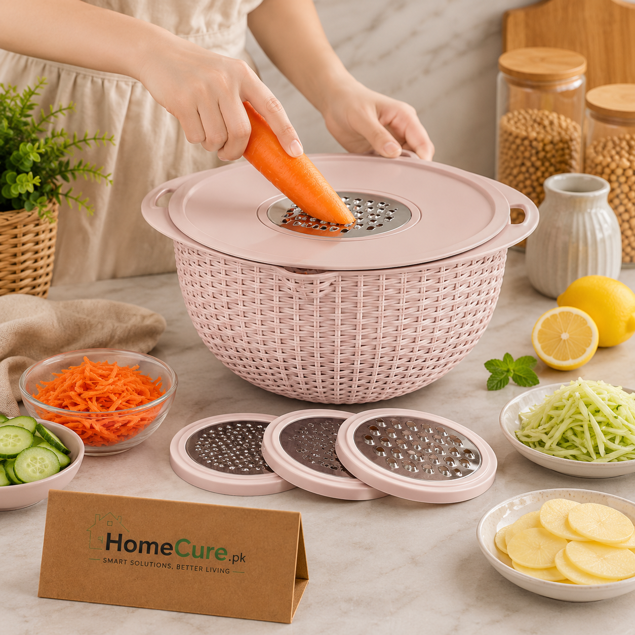 Multifunction Vegetable Grater Bowl with Stainless Steel Colander & Mixing Lid