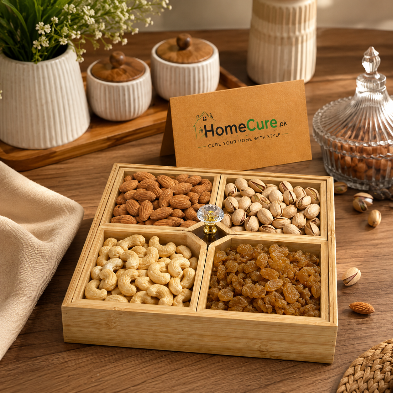 Premium Bamboo Dry Fruit Serving Tray with 4 Compartments & Crystal Knob Lid