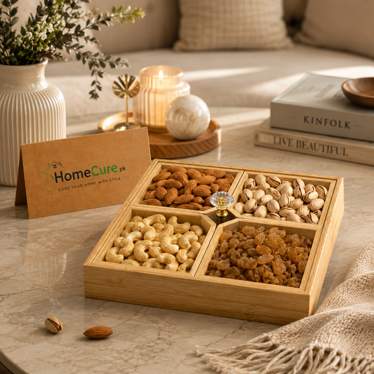 Premium Bamboo Dry Fruit Serving Tray with 4 Compartments & Crystal Knob Lid