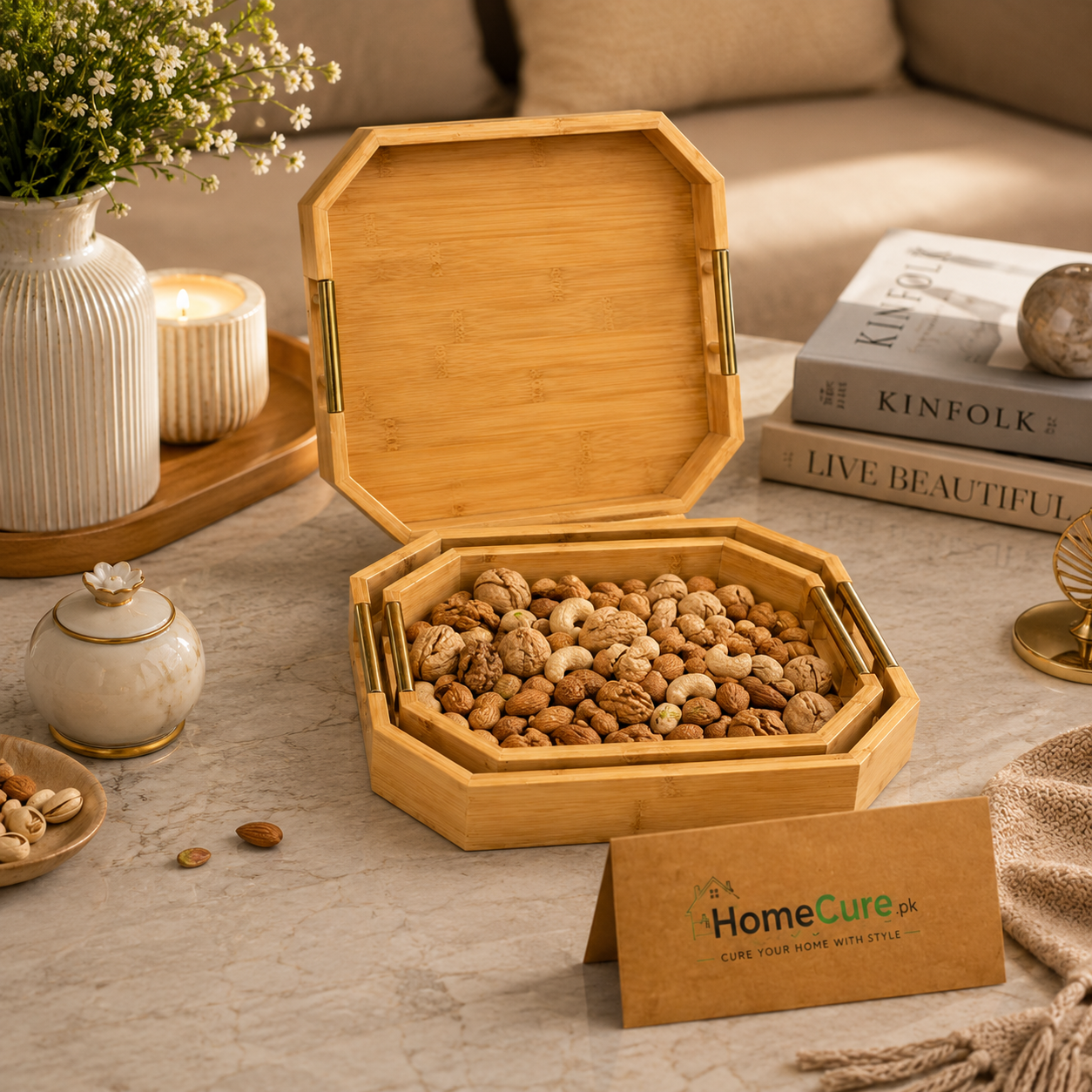 3 Pcs Premium Bamboo Serving Tray Set with Gold Metal Handles