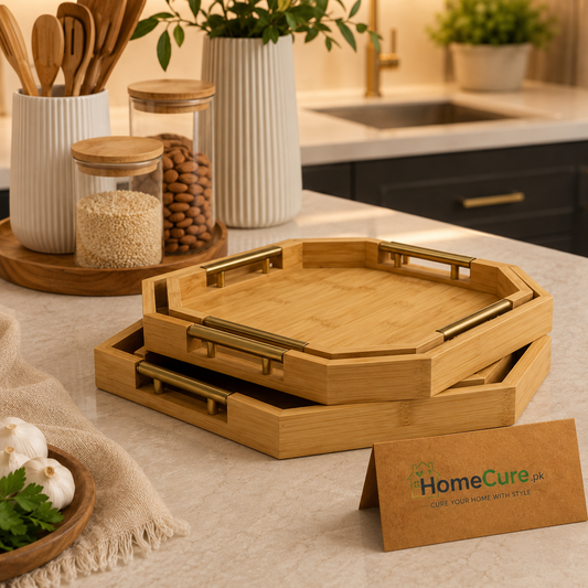 3 Pcs Premium Bamboo Serving Tray Set with Gold Metal Handles