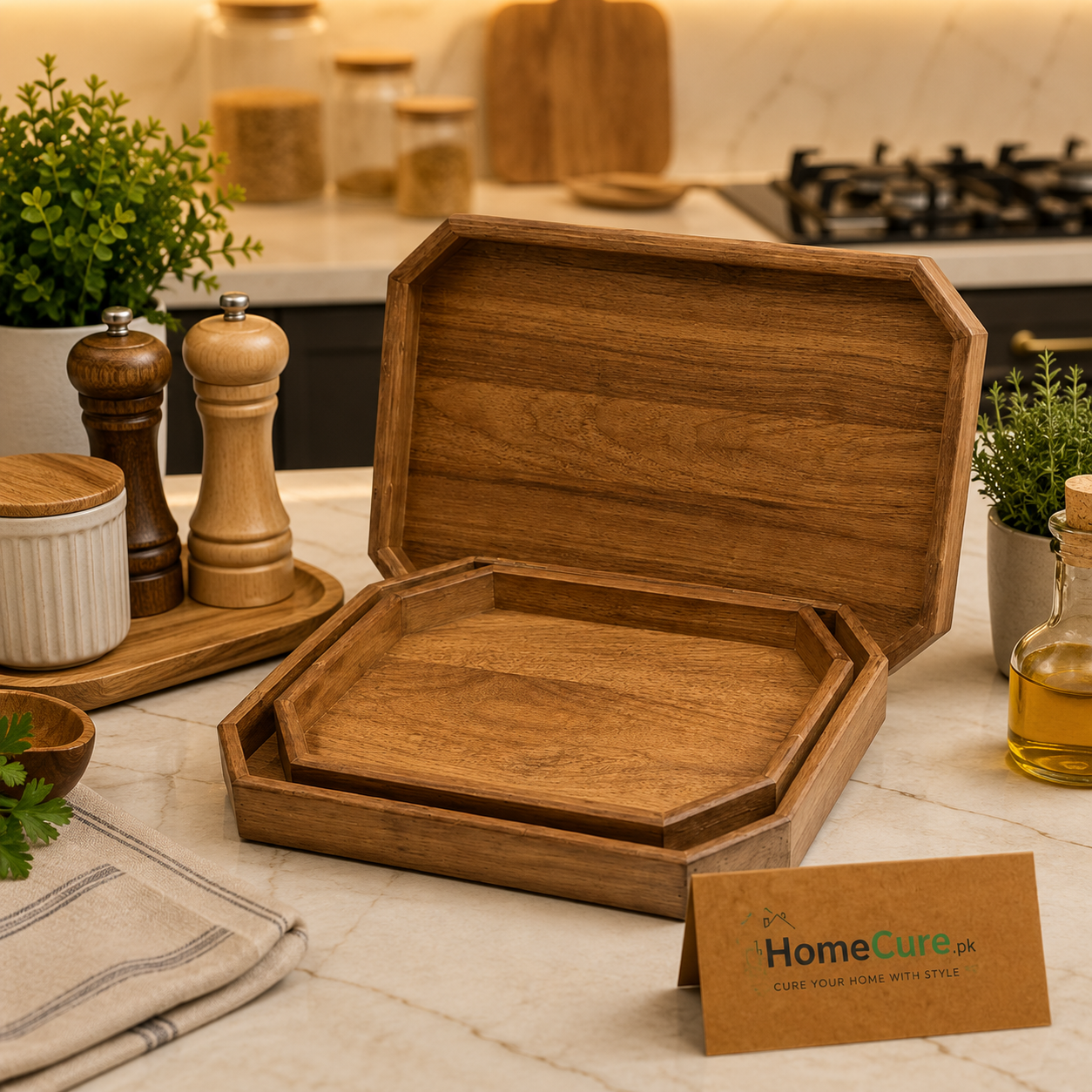 3 Pcs Premium Wooden Serving Tray Set | Nesting Decorative Serving Trays