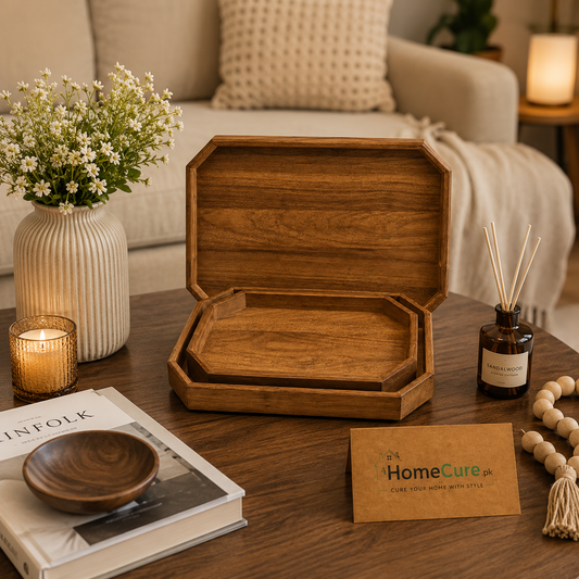 3 Pcs Premium Wooden Serving Tray Set | Nesting Decorative Serving Trays