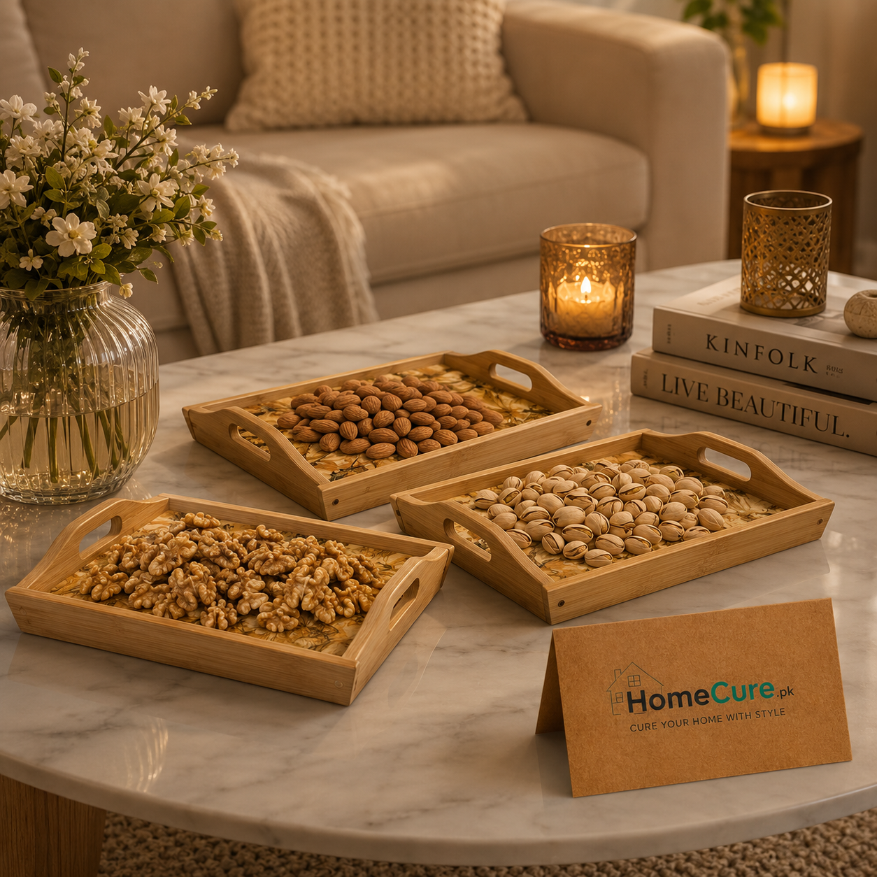 3 Pcs Premium Bamboo Serving Tray Set with Floral Design & Side Handles