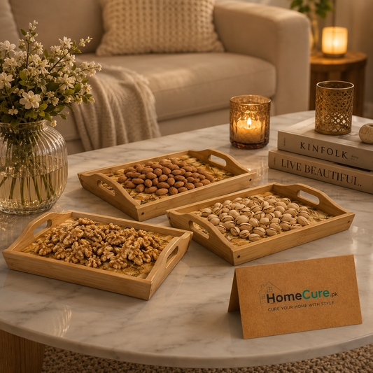 3 Pcs Premium Bamboo Serving Tray Set with Floral Design & Side Handles