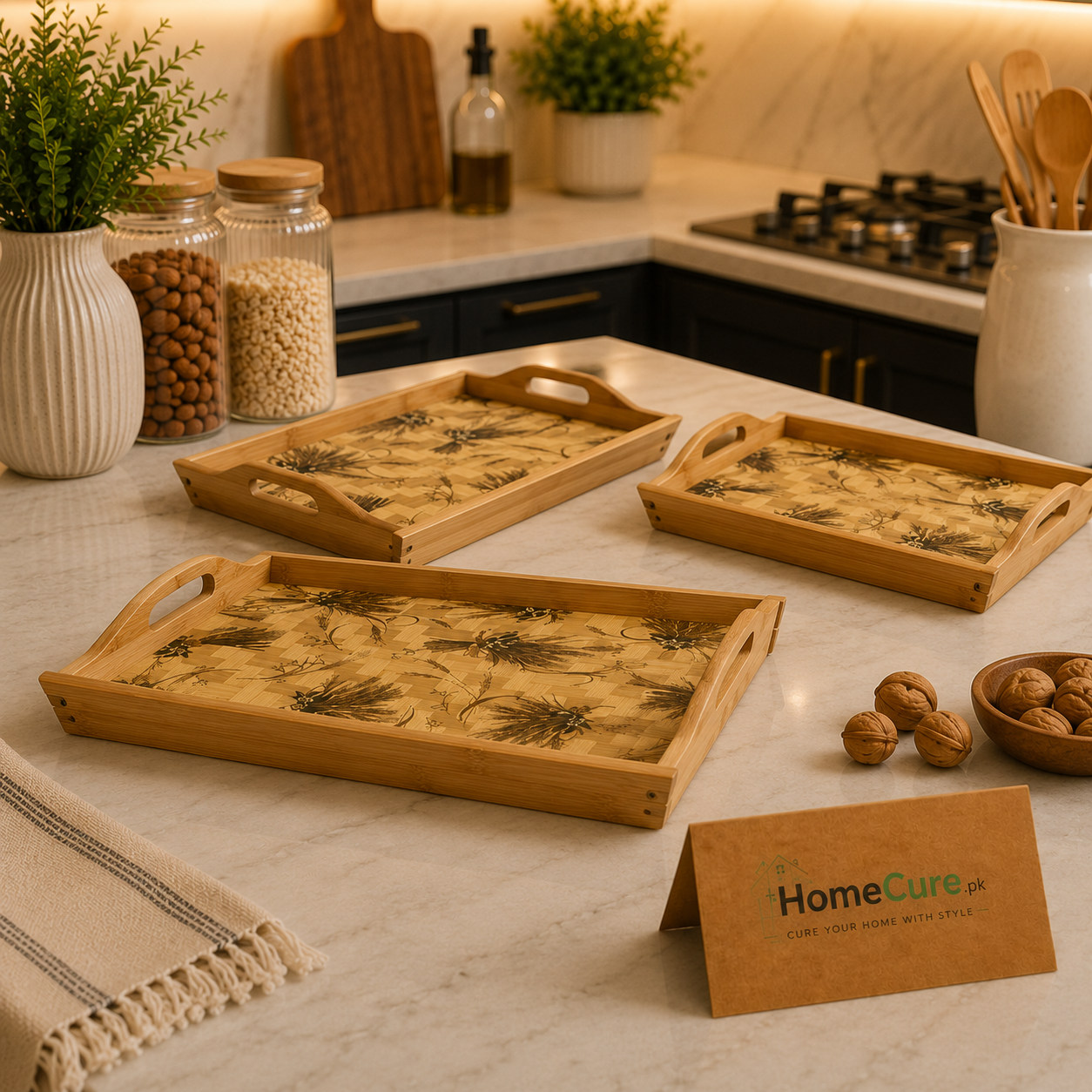 3 Pcs Premium Bamboo Serving Tray Set with Floral Design & Side Handles