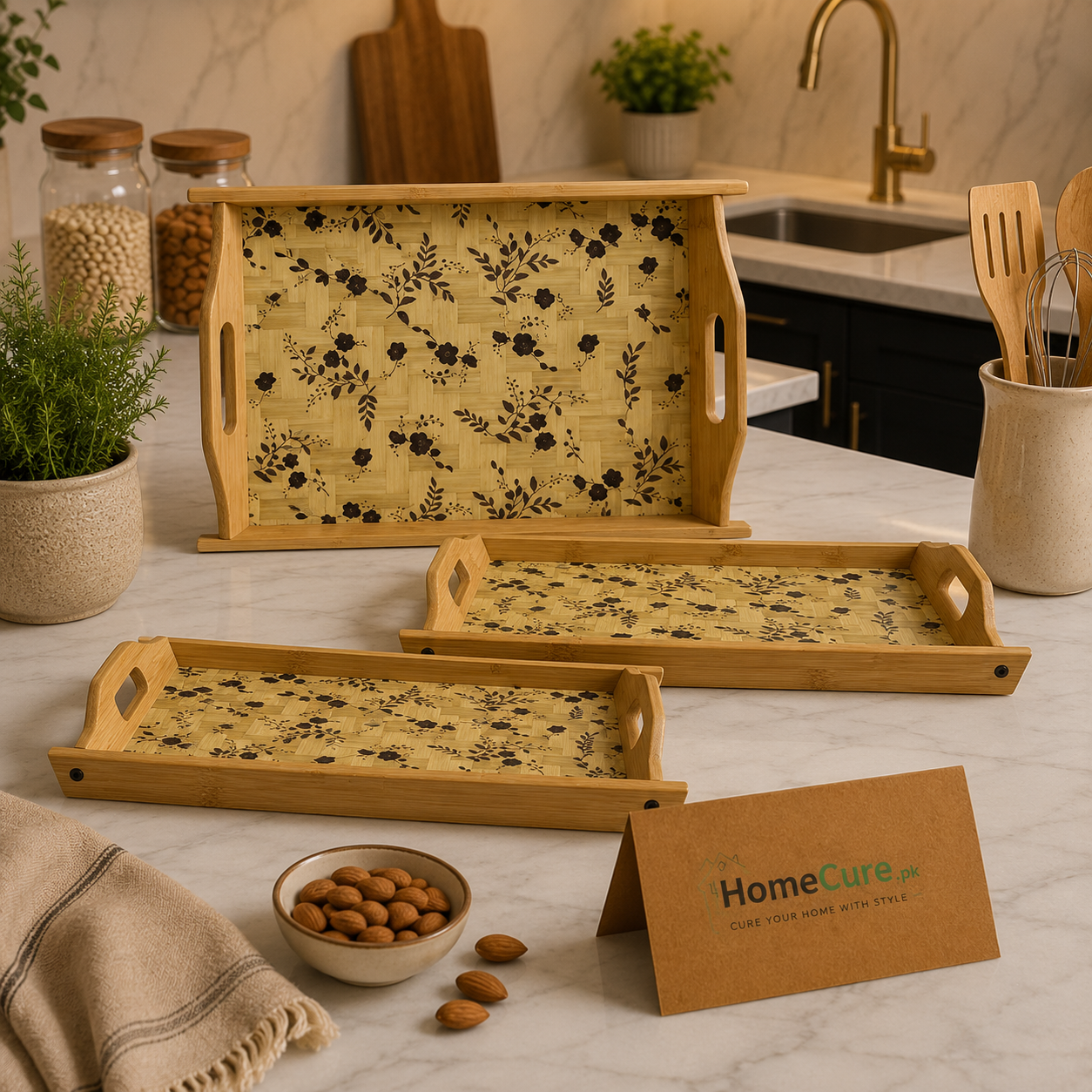 3 Pcs Premium Bamboo Serving Tray Set with Floral Design & Handles