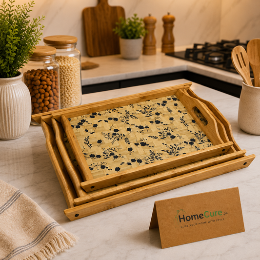 3 Pcs Premium Bamboo Serving Tray Set with Floral Design & Handles