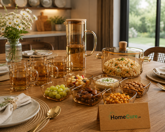 14 Pcs Square Cool Amber Glass Serving Set | 6 Mugs, Jug, 6 Bowls & Cooking Casserole