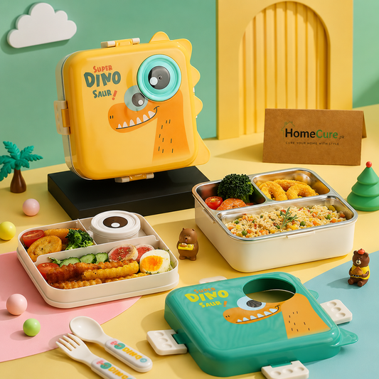 Kids Dinosaur Stainless Steel Lunch Box with Leakproof Sauce Cup | 3 Compartment Bento Lunch Box