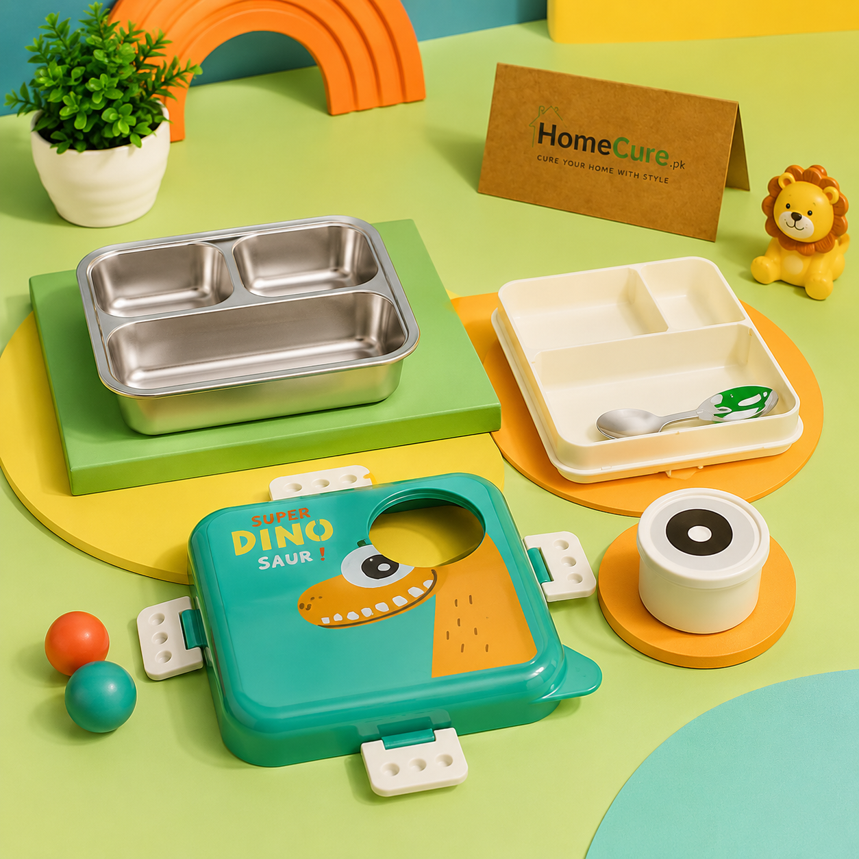 Kids Dinosaur Stainless Steel Lunch Box with Leakproof Sauce Cup | 3 Compartment Bento Lunch Box