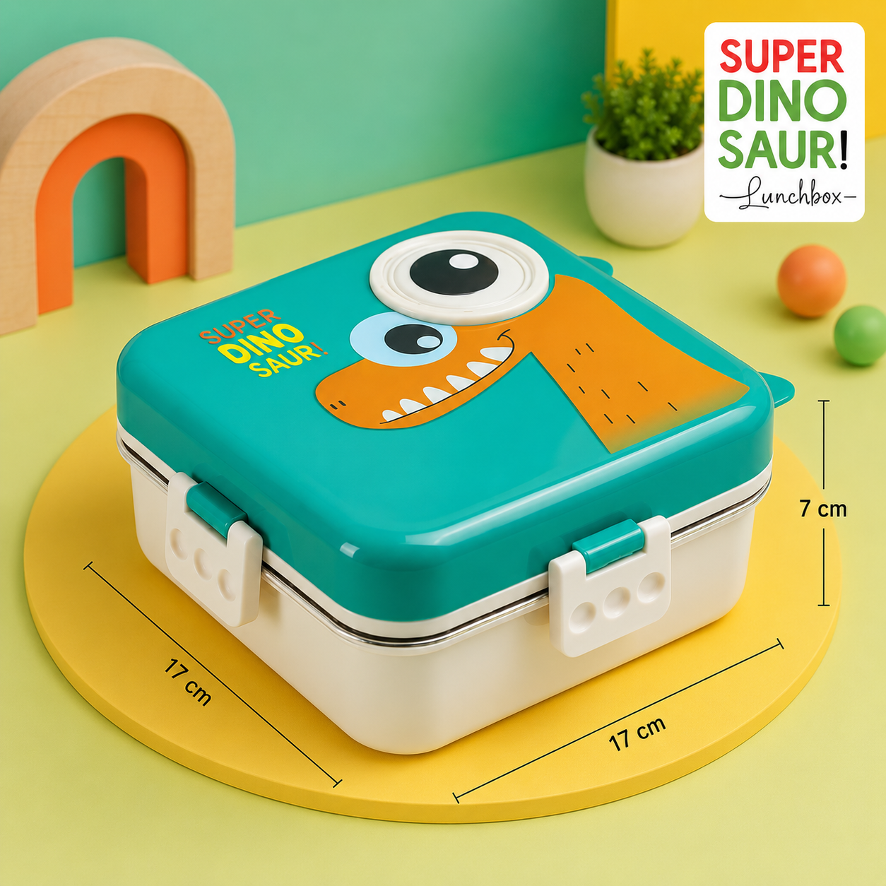 Kids Dinosaur Stainless Steel Lunch Box with Leakproof Sauce Cup | 3 Compartment Bento Lunch Box