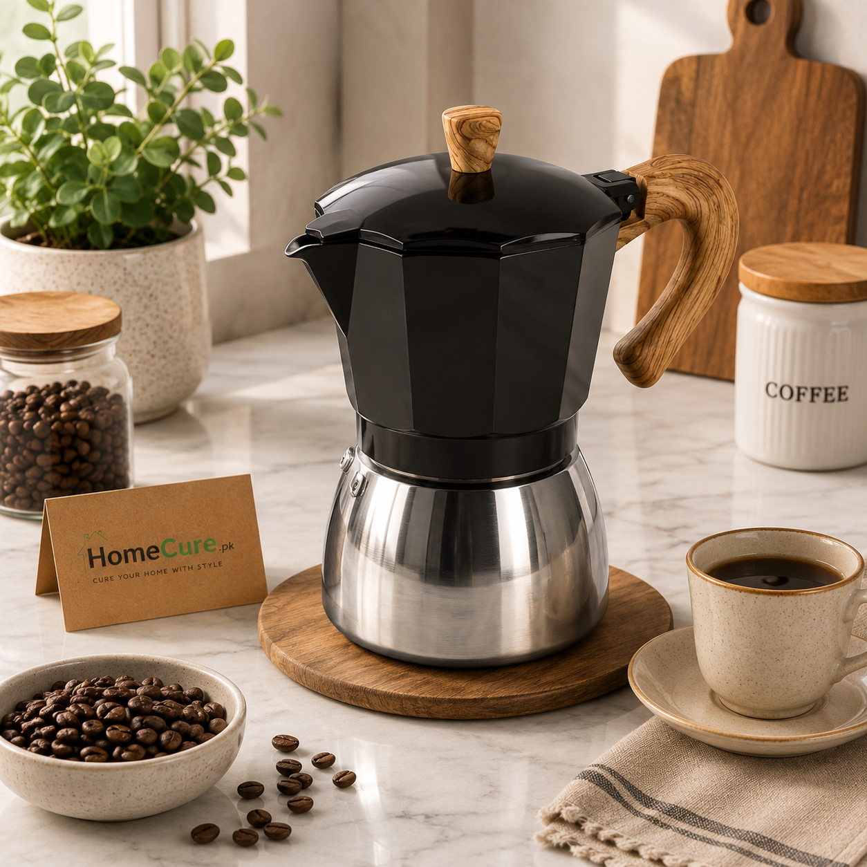 Premium Italian Style Moka Coffee Pot with Wooden Handle | Stovetop Espresso Maker